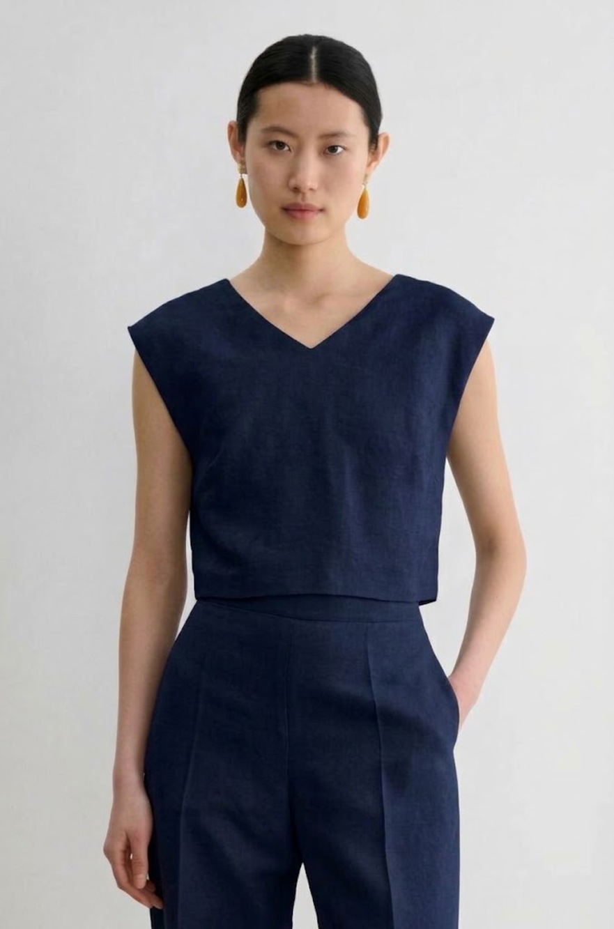 Rachel Comey Cropped Top Linen Blend Deep Navy Size 4 Lagenlook Streetwear Artsy